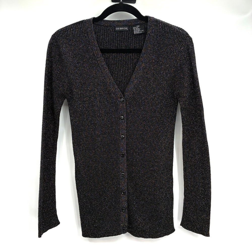 George Women’s Metallic Sparkle Button Party Sweater Top Shirt Ramie Blend Small